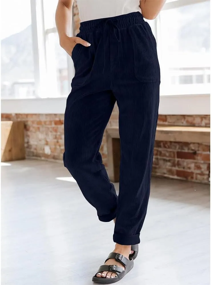Women's Pants Casual Corduroy High Waist Straight Leg Elastic Drawstring Bottoms Trousers with Pockets