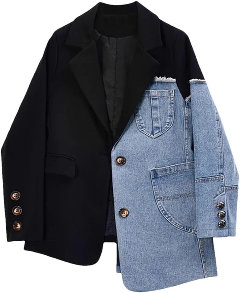 Women's Patchwork Denim Jacket Irregular Long Sleeve Button Loose Denim Jacket