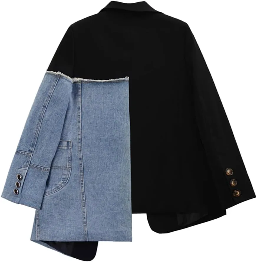 Women's Patchwork Denim Jacket Irregular Long Sleeve Button Loose Denim Jacket