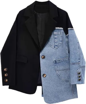 Women's Patchwork Denim Jacket Irregular Long Sleeve Button Loose Denim Jacket