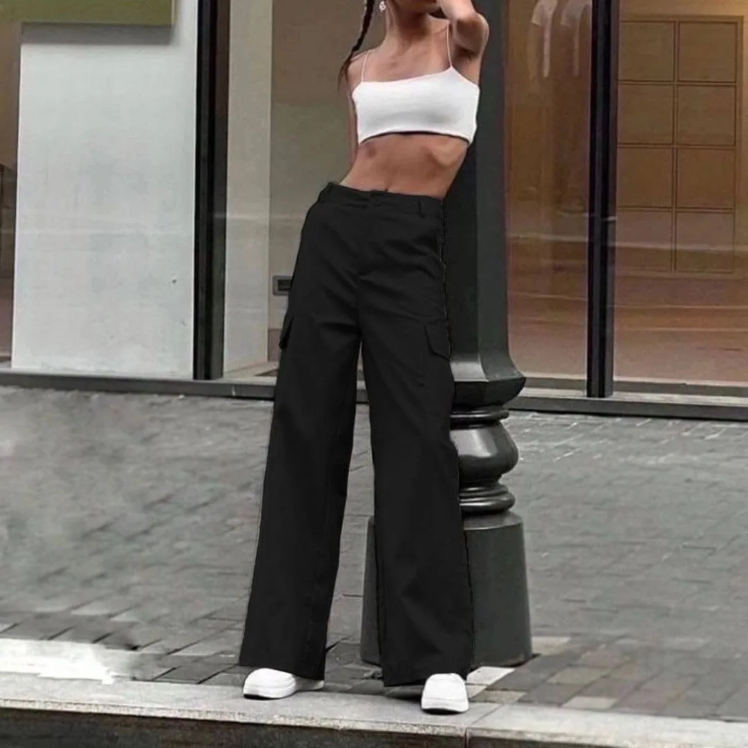 Women's Pocket High Waist Workwear Pants Casual Versatile Pants Plus Size Bell Bottoms