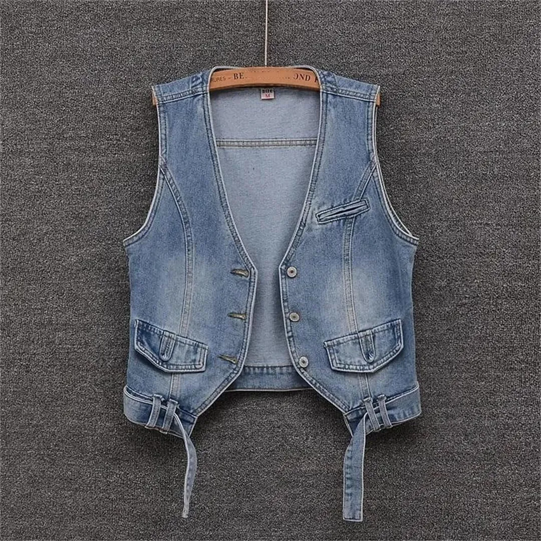 Women's Retro Denim Short Sleeveless Cowboy Vest Jacket Thin Denim Vest