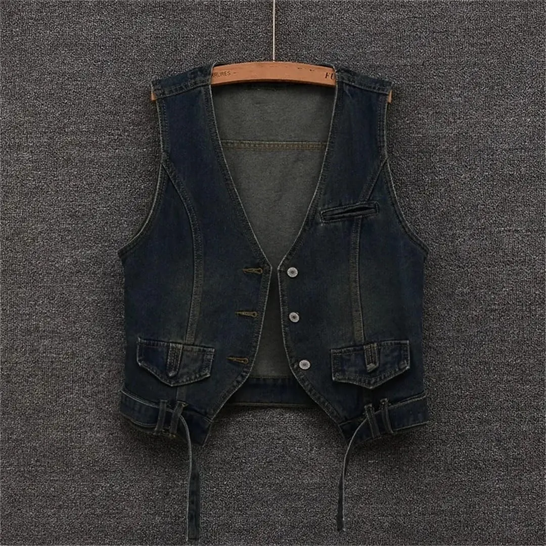 Women's Retro Denim Short Sleeveless Cowboy Vest Jacket Thin Denim Vest