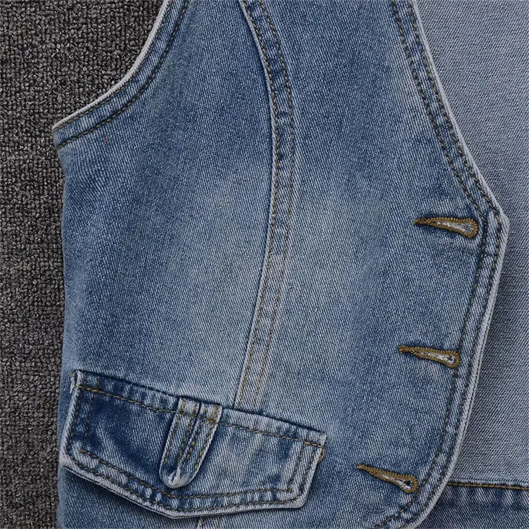 Women's Retro Denim Short Sleeveless Cowboy Vest Jacket Thin Denim Vest