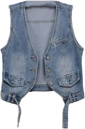 Women's Retro Denim Short Sleeveless Cowboy Vest Jacket Thin Denim Vest