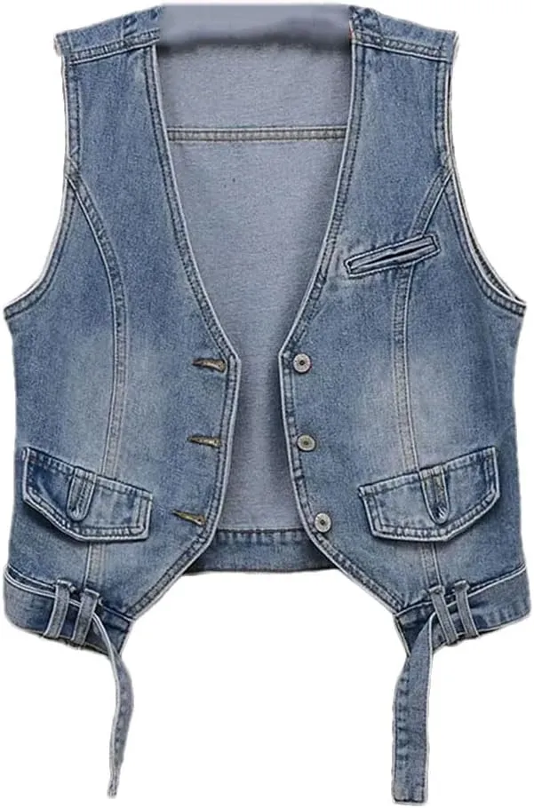 Women's Retro Denim Short Sleeveless Cowboy Vest Jacket Thin Denim Vest