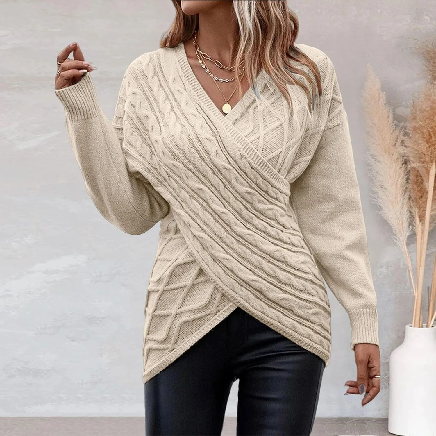 Womens Rib Knit Sweaters V-Neck Cross Chunky Sweaters Knitwear for Women Fall Winter Leisure Elegant Sweaters