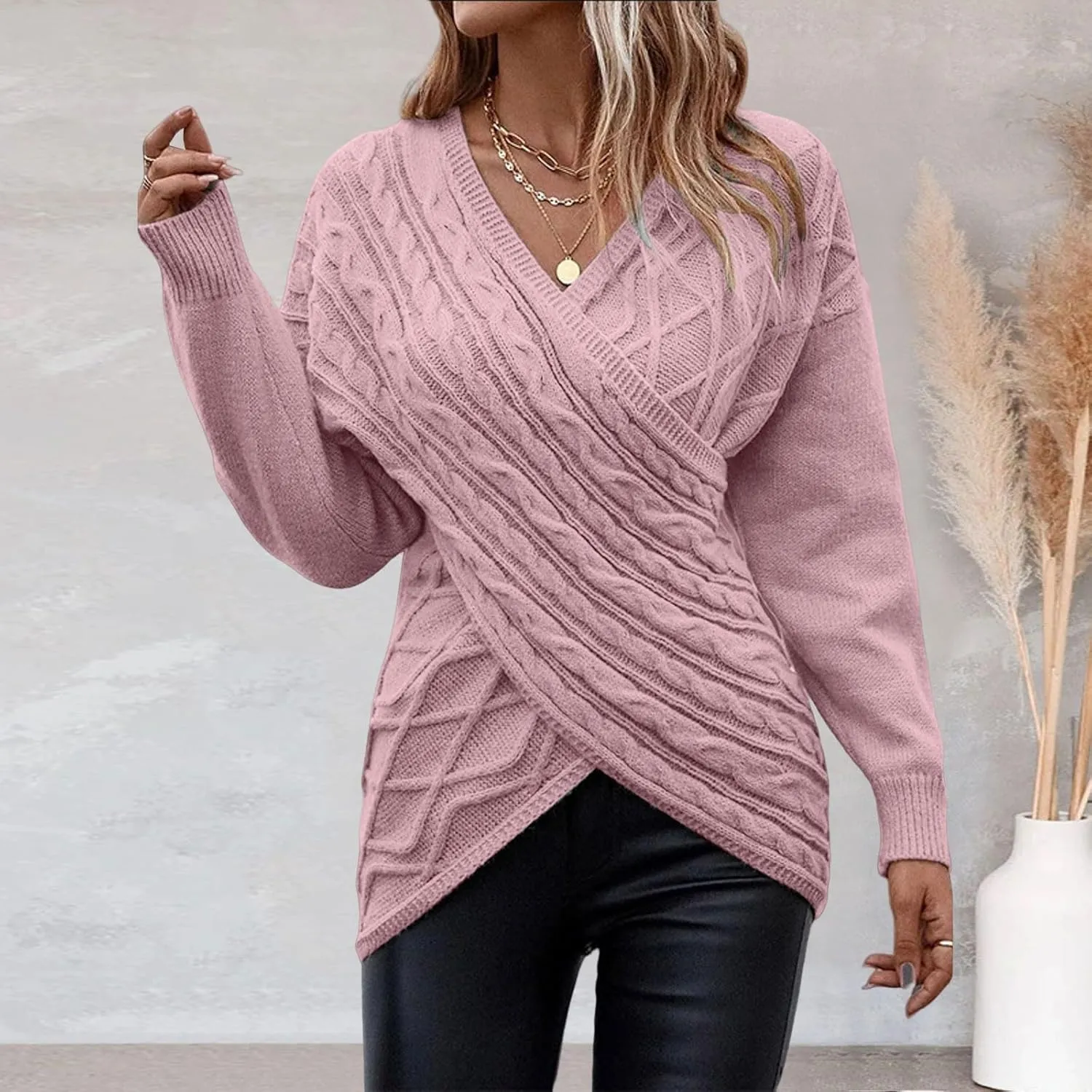 Womens Rib Knit Sweaters V-Neck Cross Chunky Sweaters Knitwear for Women Fall Winter Leisure Elegant Sweaters