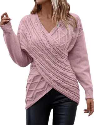 Womens Rib Knit Sweaters V-Neck Cross Chunky Sweaters Knitwear for Women Fall Winter Leisure Elegant Sweaters