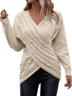 Womens Rib Knit Sweaters V-Neck Cross Chunky Sweaters Knitwear for Women Fall Winter Leisure Elegant Sweaters