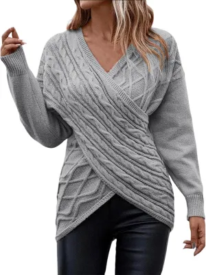 Womens Rib Knit Sweaters V-Neck Cross Chunky Sweaters Knitwear for Women Fall Winter Leisure Elegant Sweaters