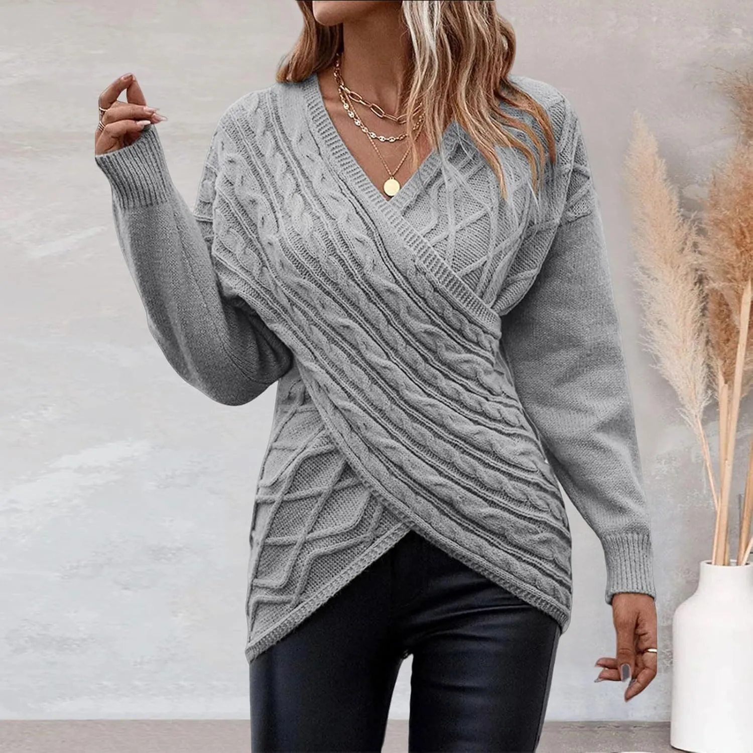 Womens Rib Knit Sweaters V-Neck Cross Chunky Sweaters Knitwear for Women Fall Winter Leisure Elegant Sweaters