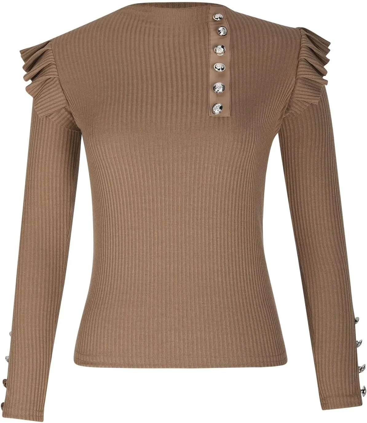 Womens Ribbed Knit Pullover Tops Trendy Ruffle Long Sleeve Sweater Mock Neck Slim Fit Shirts Fall Dressy Soft Outfits