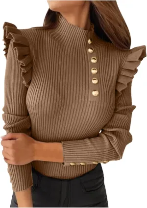 Womens Ribbed Knit Pullover Tops Trendy Ruffle Long Sleeve Sweater Mock Neck Slim Fit Shirts Fall Dressy Soft Outfits