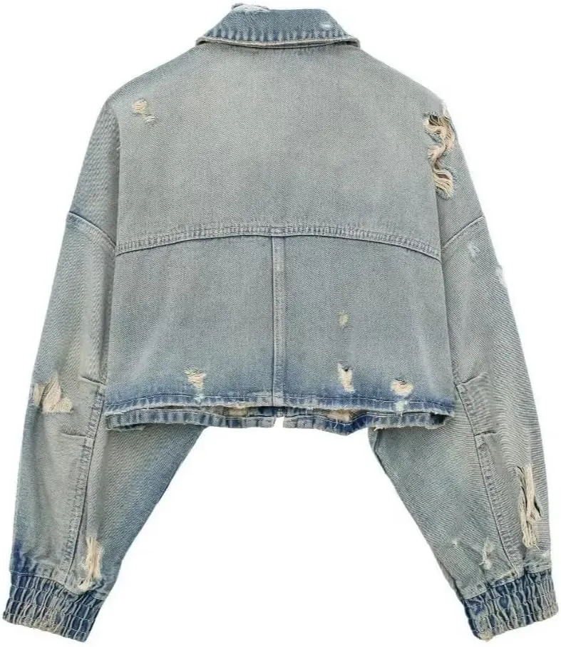 Women's Ripped Denim Jacket Short Zipper Lapel Casual Denim Jacket