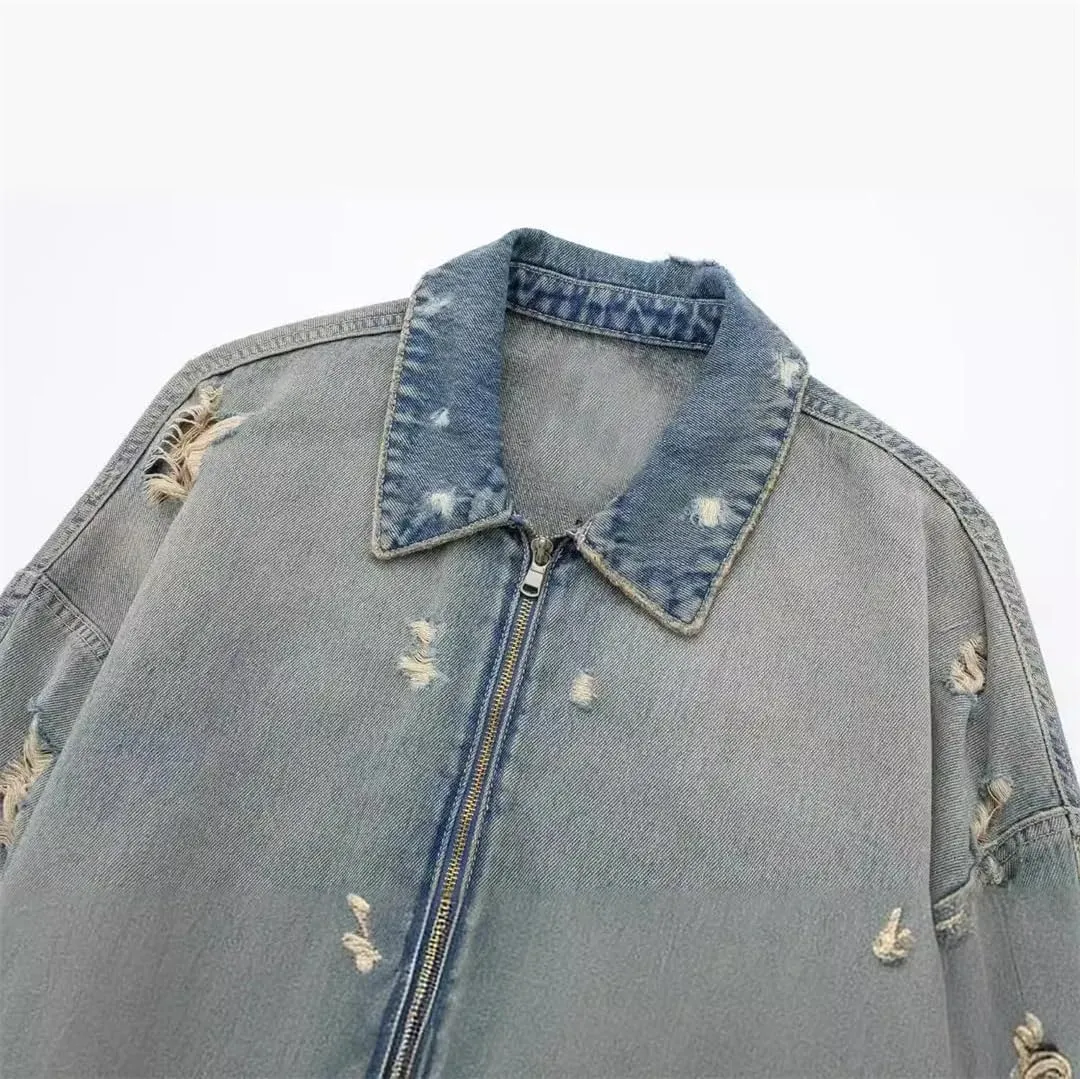 Women's Ripped Denim Jacket Short Zipper Lapel Casual Denim Jacket