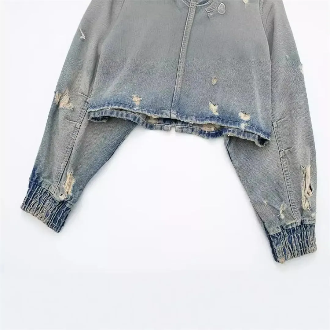 Women's Ripped Denim Jacket Short Zipper Lapel Casual Denim Jacket