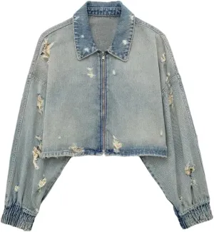 Women's Ripped Denim Jacket Short Zipper Lapel Casual Denim Jacket