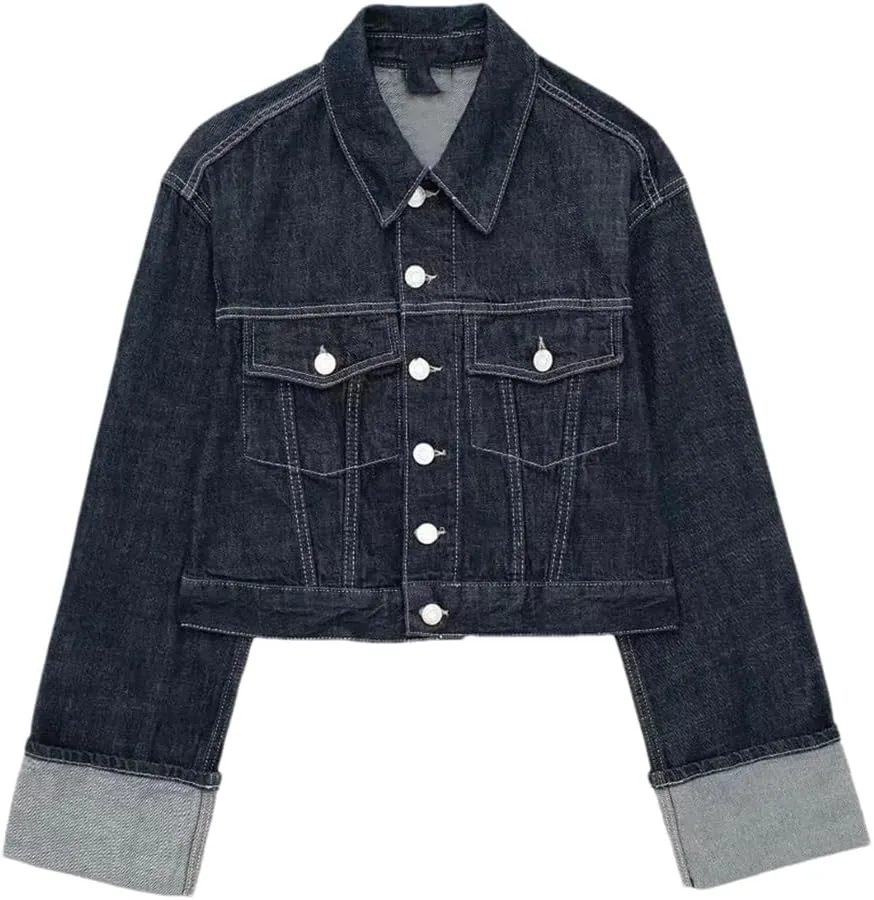 Women's Short Denim Jacket Blue Single Breasted Lapel Vintage Denim Jacket