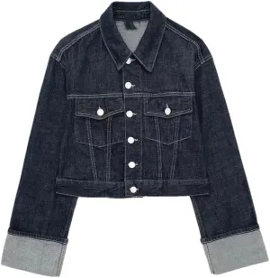 Women's Short Denim Jacket Blue Single Breasted Lapel Vintage Denim Jacket