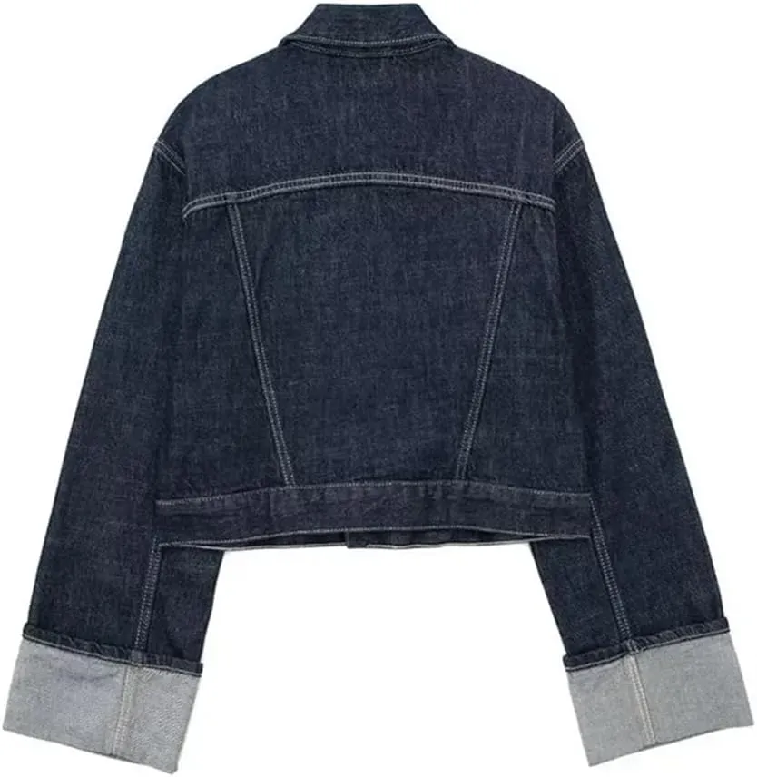 Women's Short Denim Jacket Blue Single Breasted Lapel Vintage Denim Jacket