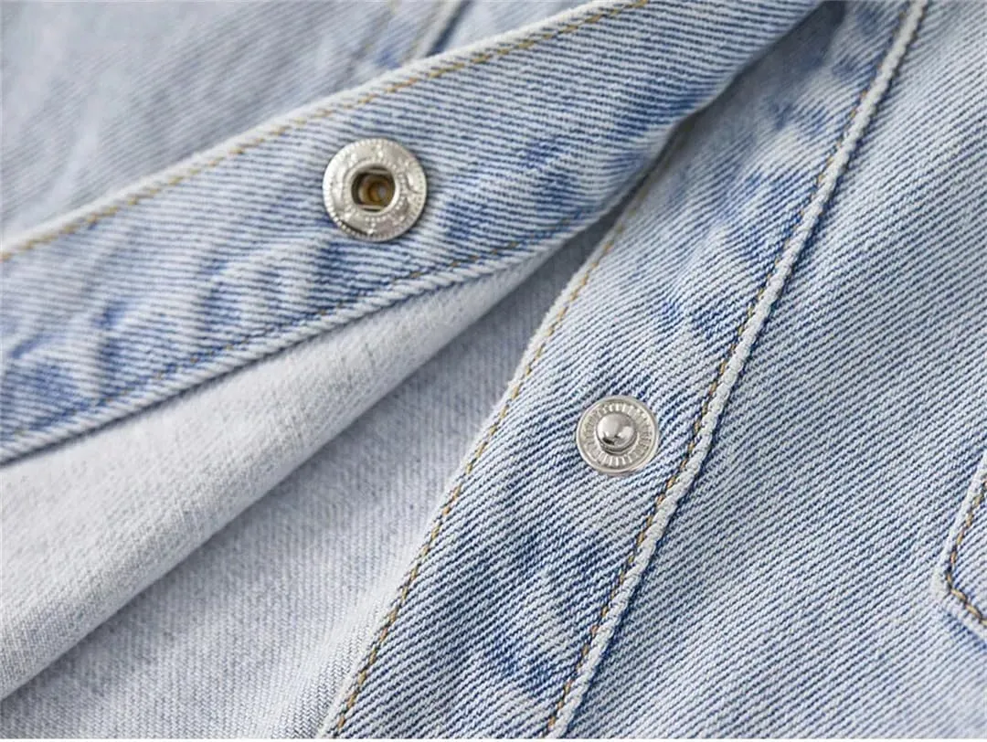 Women's Short Denim Jacket Cotton Solid Color Button Long Sleeve Washed Denim Jacket