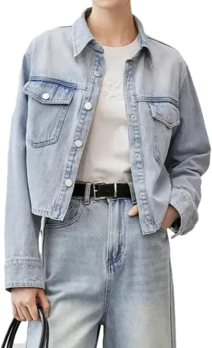 Women's Short Denim Jacket Cotton Solid Color Button Long Sleeve Washed Denim Jacket