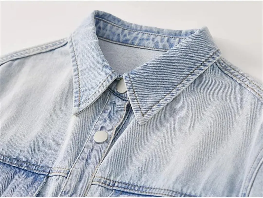 Women's Short Denim Jacket Cotton Solid Color Button Long Sleeve Washed Denim Jacket