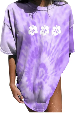 Womens Short Sleeve Tops Crewneck Tie Dye Shirts Oversized Tees T-Shirt Trendy Shirts Blouse Graphic Funny T Shirts