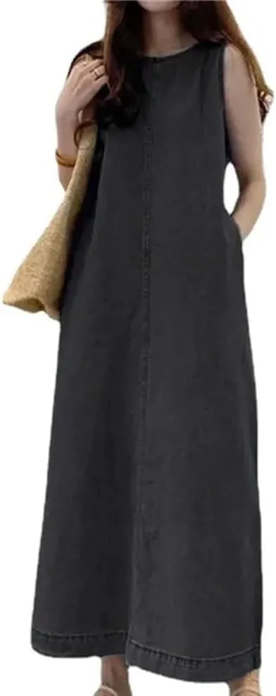 Women's Sleeveless Denim Long Dress Fashionable Round Neck Sleeveless Pocket Denim Skirt