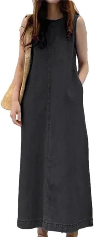 Women's Sleeveless Denim Long Dress Fashionable Round Neck Sleeveless Pocket Denim Skirt