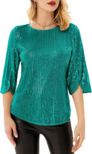 Women's Sparkle Sequin Party Blouse Tops Shimmer Glitter 3/4 Slit Sleeve Dressy Tops