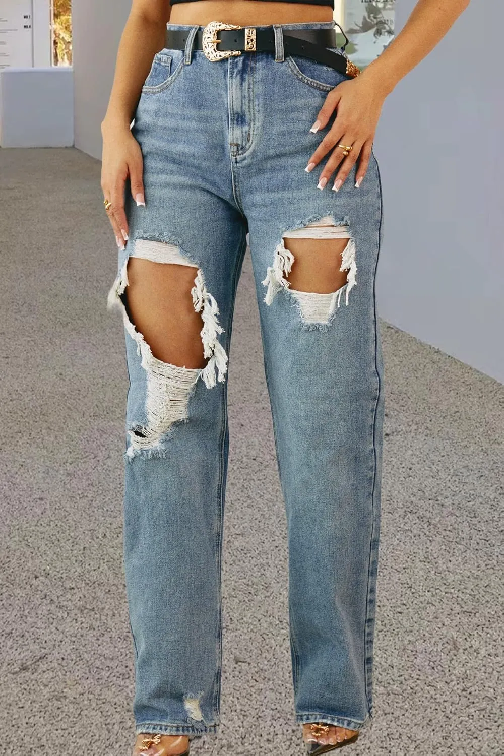 Women's Straight Leg High Waist Baggy Denim Jeans Loose Boyfriend Casual Stretchy Jeans
