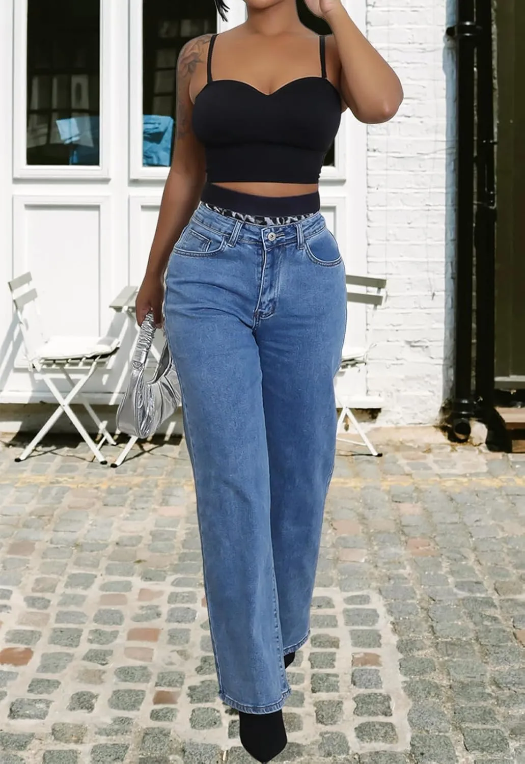 Women's Straight Leg High Waist Baggy Denim Jeans Loose Boyfriend Casual Stretchy Jeans