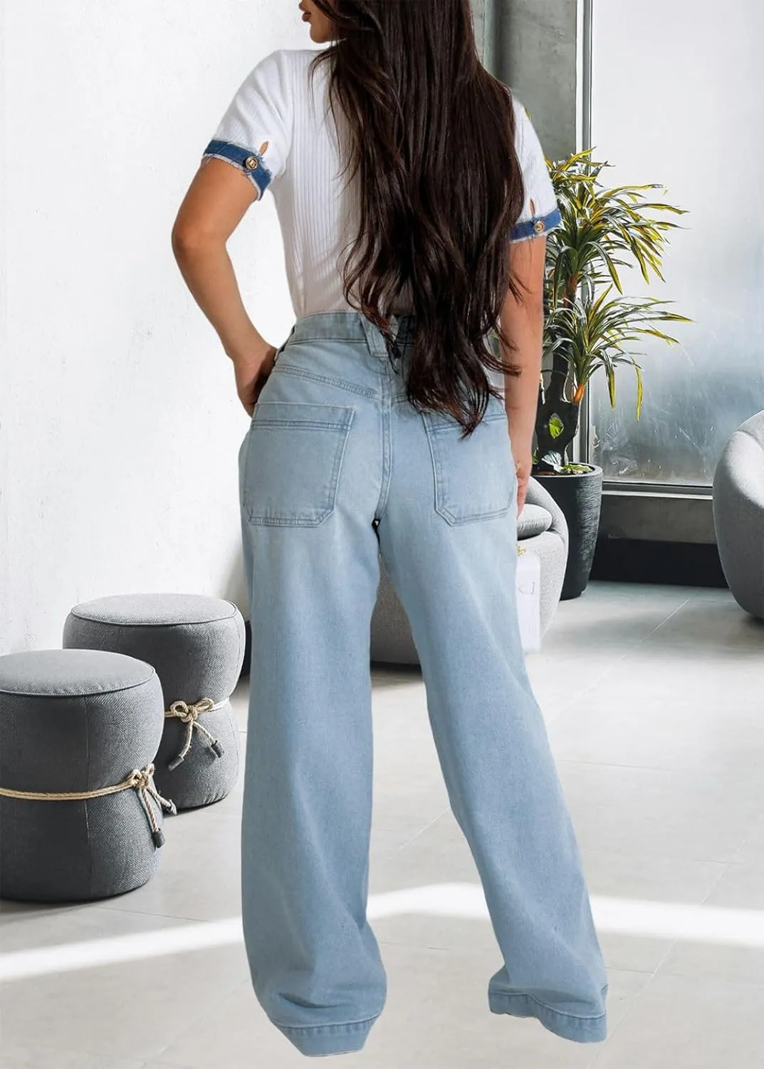 Women's Straight Leg High Waist Baggy Denim Jeans Loose Boyfriend Casual Stretchy Jeans