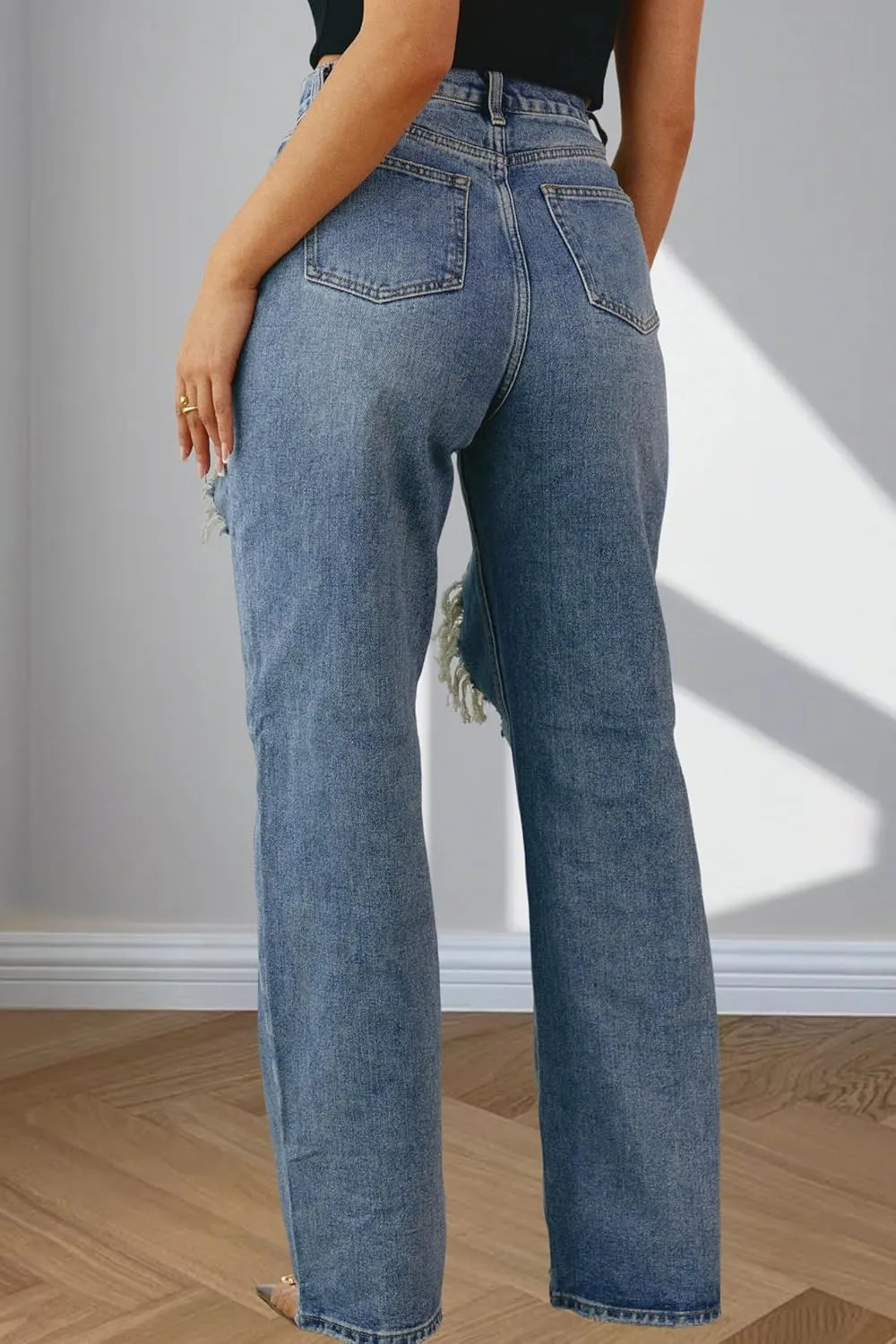 Women's Straight Leg High Waist Baggy Denim Jeans Loose Boyfriend Casual Stretchy Jeans