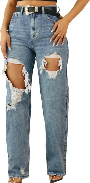 Women's Straight Leg High Waist Baggy Denim Jeans Loose Boyfriend Casual Stretchy Jeans