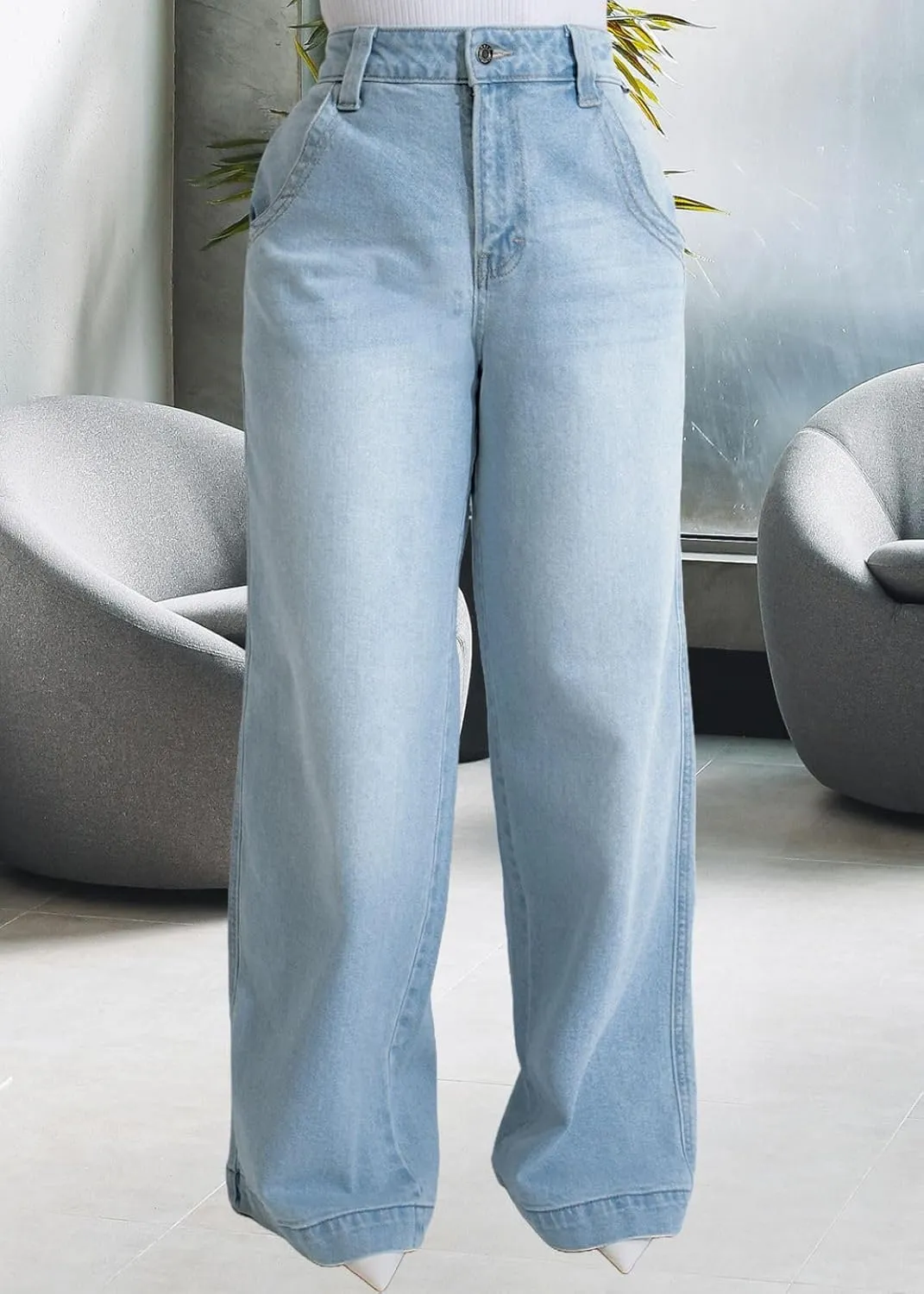 Women's Straight Leg High Waist Baggy Denim Jeans Loose Boyfriend Casual Stretchy Jeans