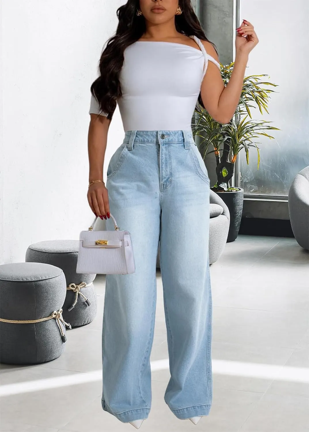 Women's Straight Leg High Waist Baggy Denim Jeans Loose Boyfriend Casual Stretchy Jeans