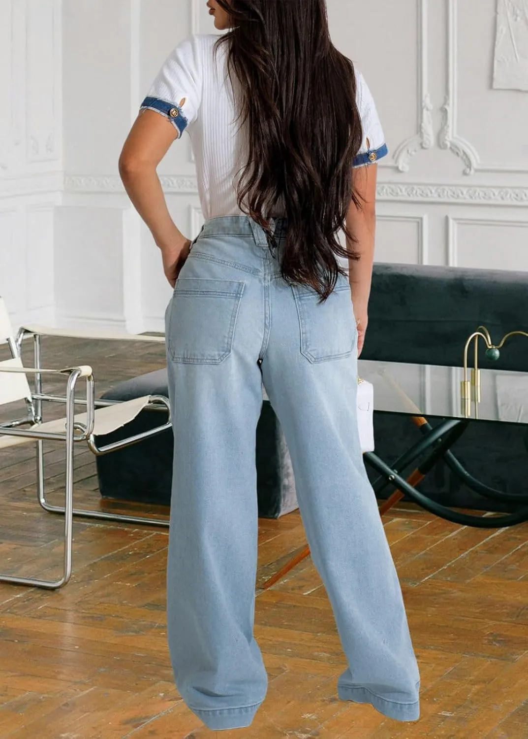 Women's Straight Leg High Waist Baggy Denim Jeans Loose Boyfriend Casual Stretchy Jeans