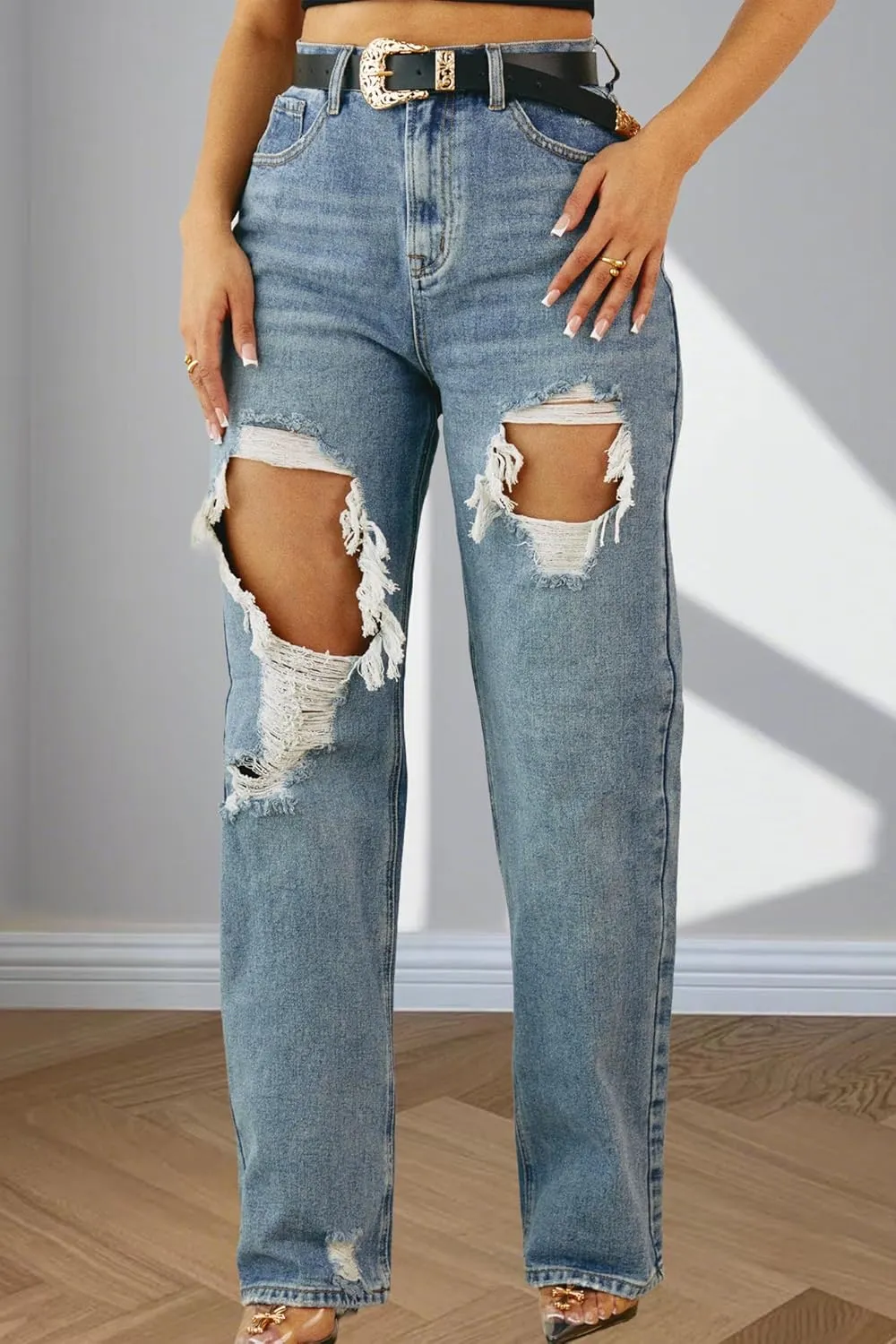 Women's Straight Leg High Waist Baggy Denim Jeans Loose Boyfriend Casual Stretchy Jeans