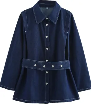 Women's Street Denim Jacket Oversized Lapel Long Sleeve Waist Denim Jacket