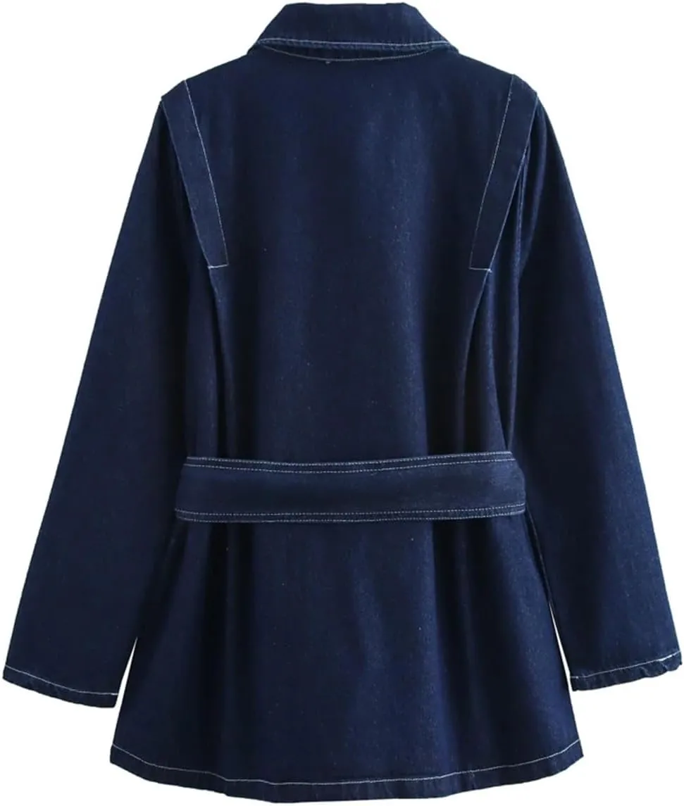 Women's Street Denim Jacket Oversized Lapel Long Sleeve Waist Denim Jacket