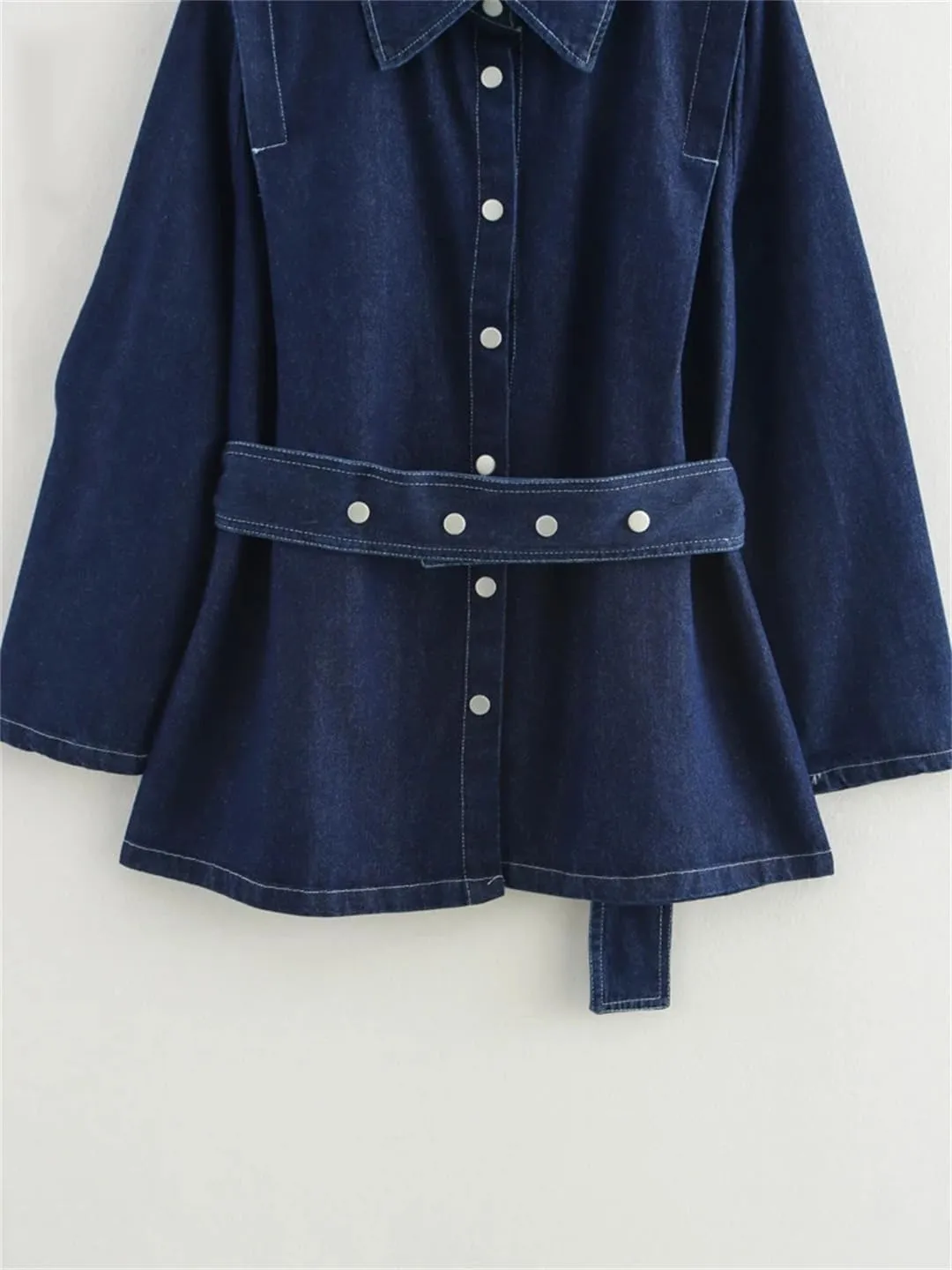 Women's Street Denim Jacket Oversized Lapel Long Sleeve Waist Denim Jacket