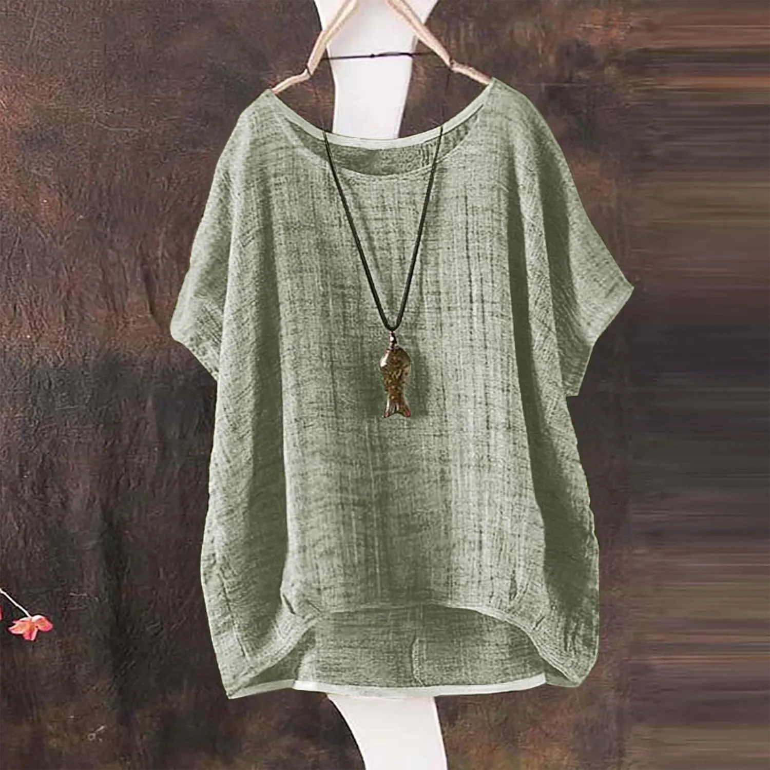 Women's Summer Cotton Linen Boho Floral Short Sleeve Tunic Tops Casual Comfy Womens Tops Oversized Business