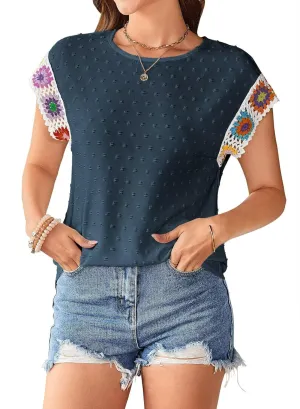 Womens Summer Tops 2025 Boho Tops for Women Color Crew Neck Short Sleeve Casual Blouse
