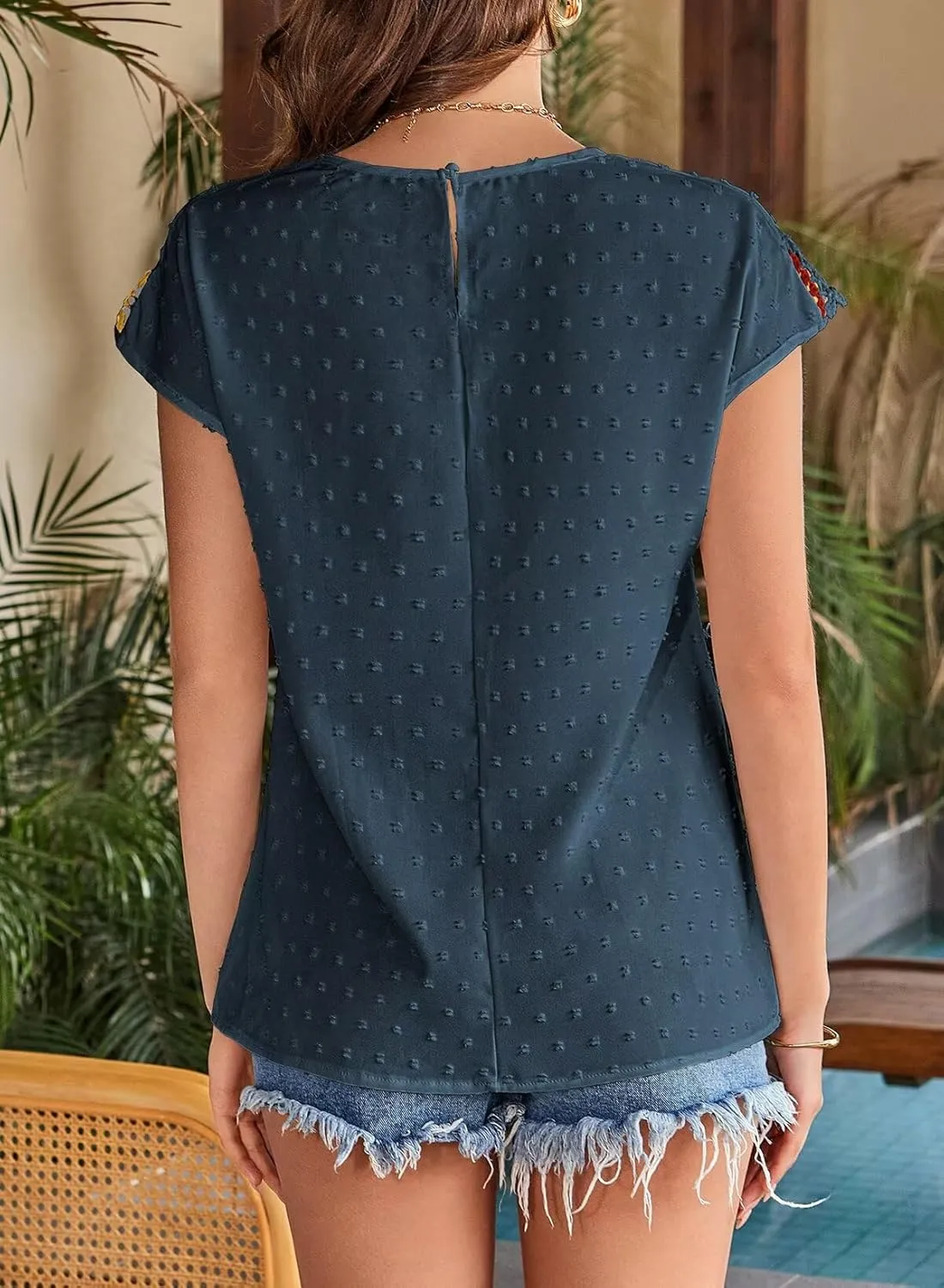 Womens Summer Tops 2025 Boho Tops for Women Color Crew Neck Short Sleeve Casual Blouse