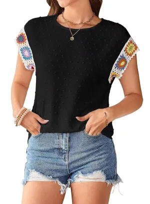 Womens Summer Tops 2025 Boho Tops for Women Color Crew Neck Short Sleeve Casual Blouse