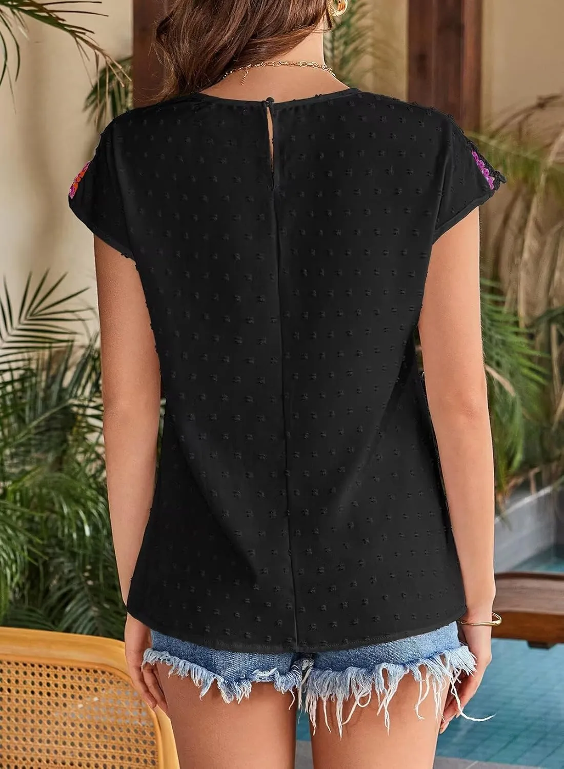Womens Summer Tops 2025 Boho Tops for Women Color Crew Neck Short Sleeve Casual Blouse