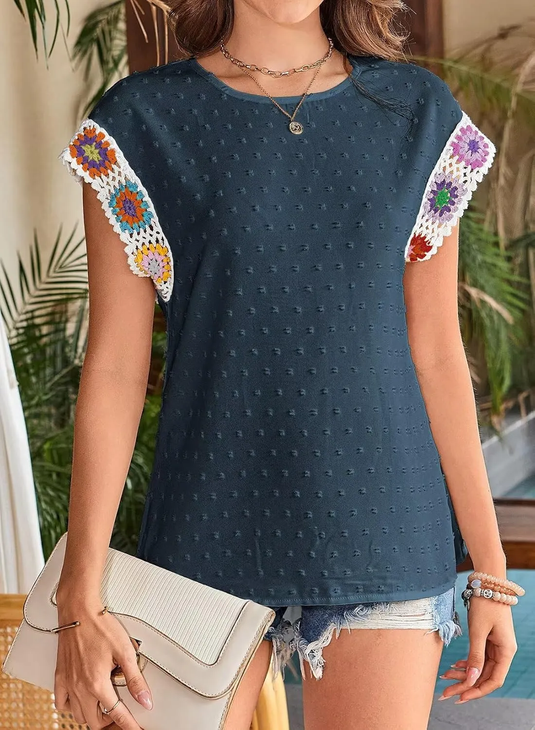 Womens Summer Tops 2025 Boho Tops for Women Color Crew Neck Short Sleeve Casual Blouse